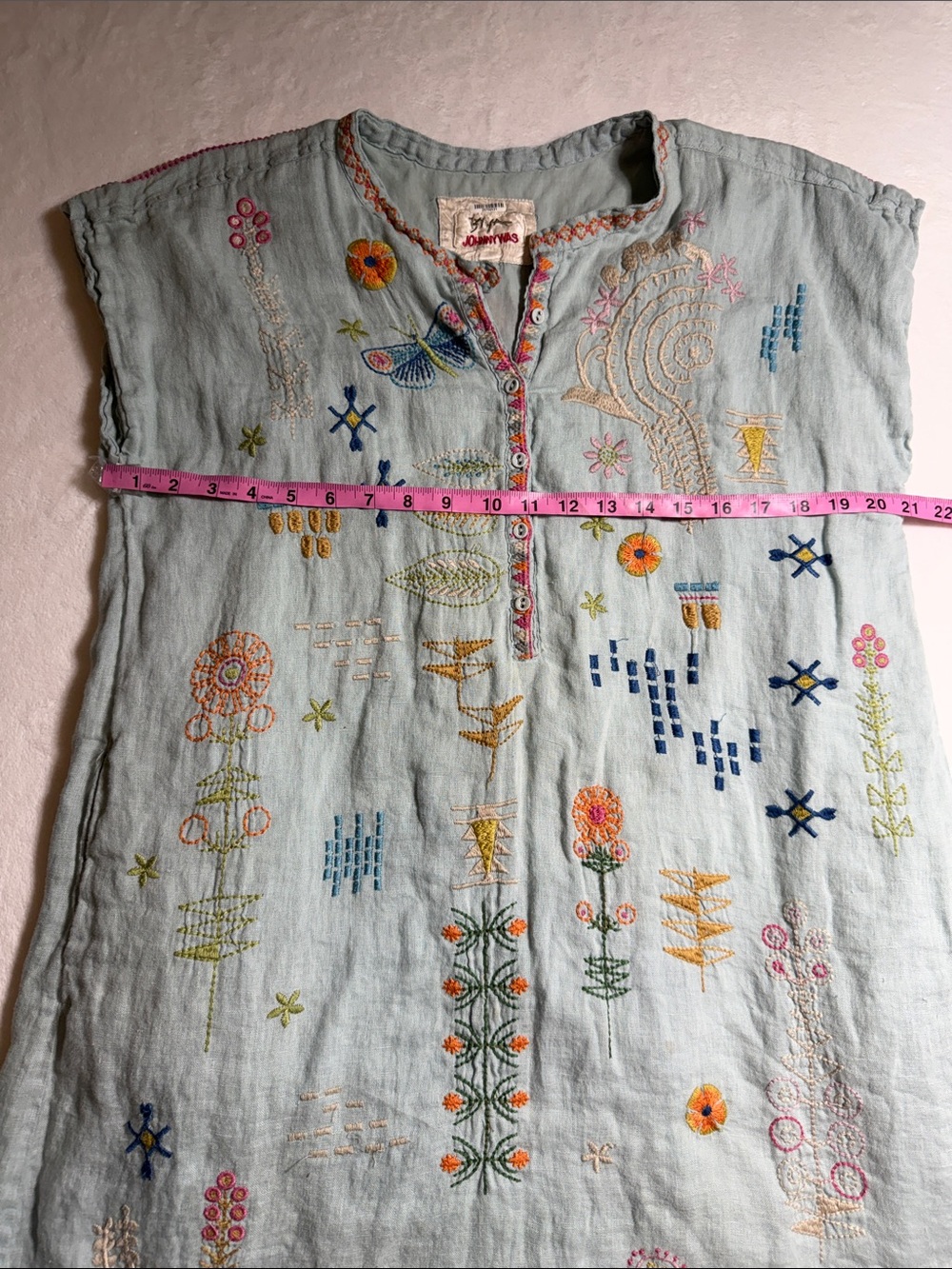 Johnny Was Elektra Light Teal Linen Embroidered Mini Dress - Picture 9 of 10
